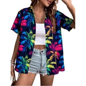 Women's Hawaiian Shirt Tropical Palm Tree Print V-Neck Short Sleeve Casual